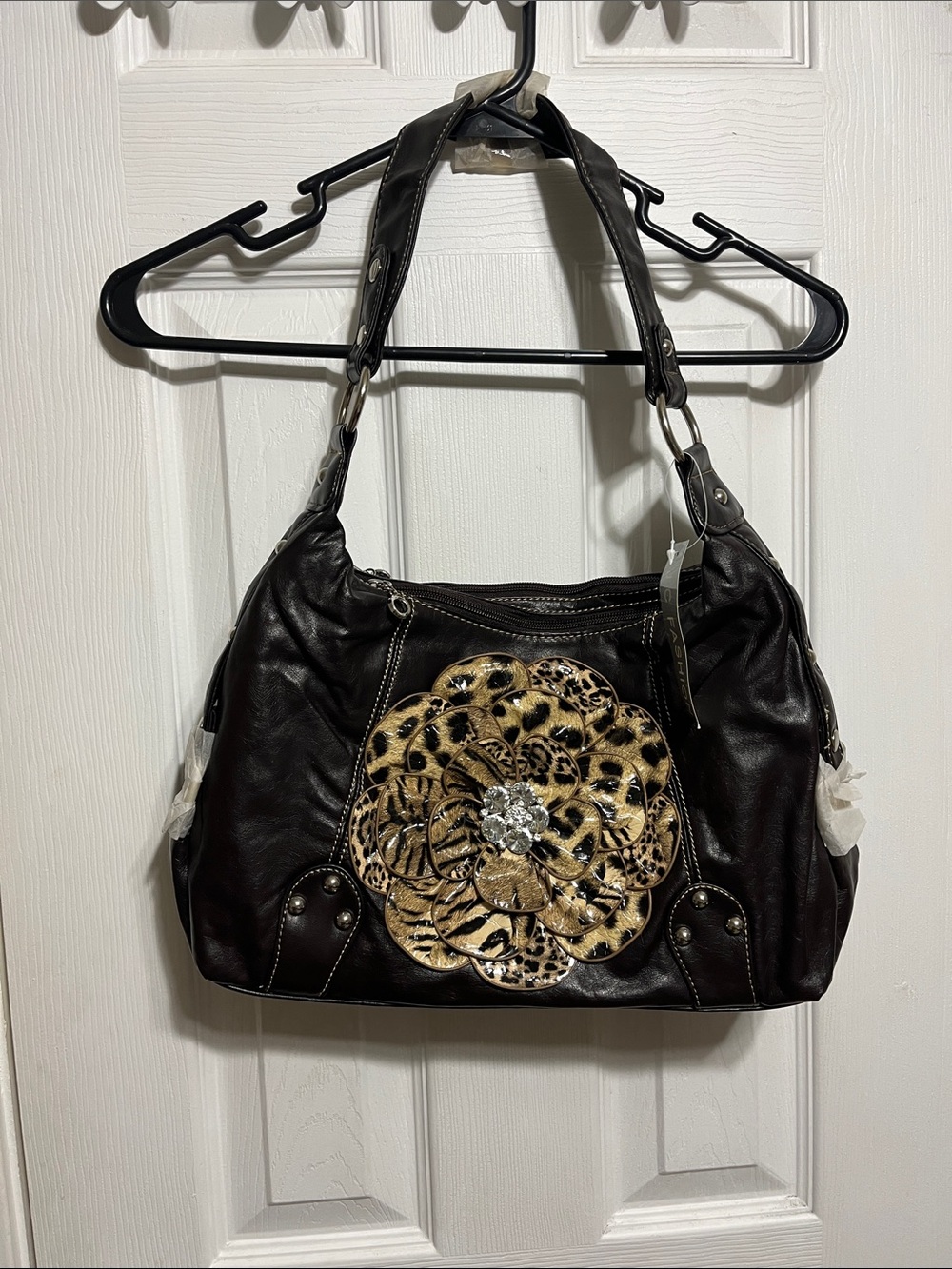 Black Shoulder Bag with Leopard Floral Accent and Jewel Detail